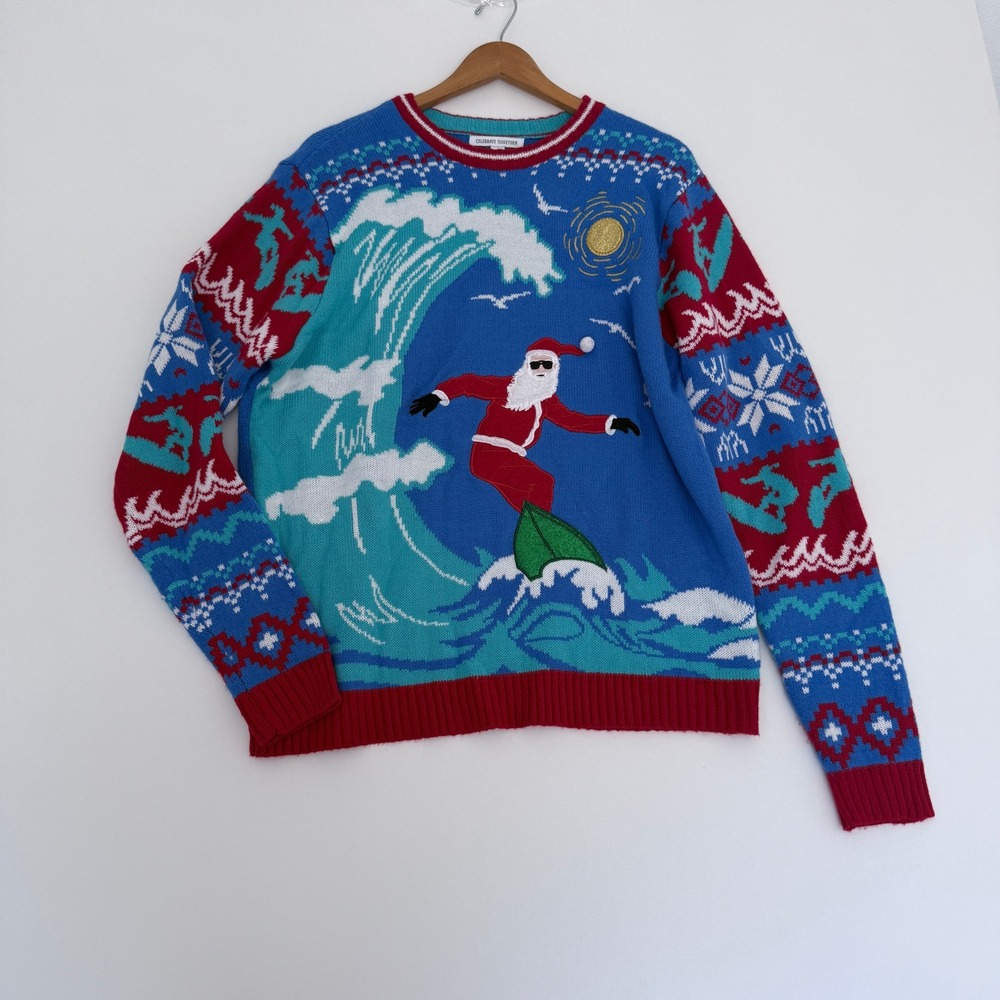 Celebrate Together Sweater Womens Large Blue Surfing Santa Ugly Christmas Knit